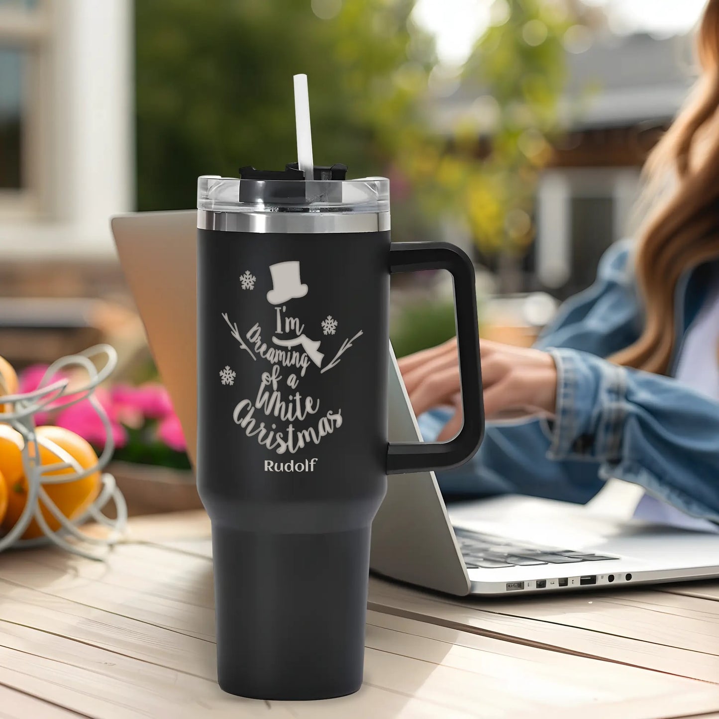 Engraved 40oz Stainless Steel Tumbler Travel Mug with Handle and Straw for Cup Holder