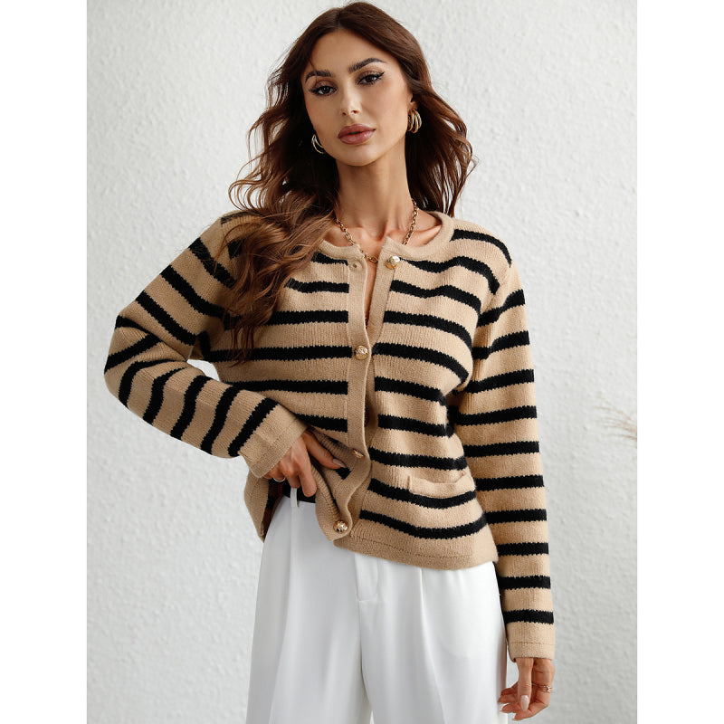 Women's Striped Loose Knit Single Breasted Cardigan Sweater