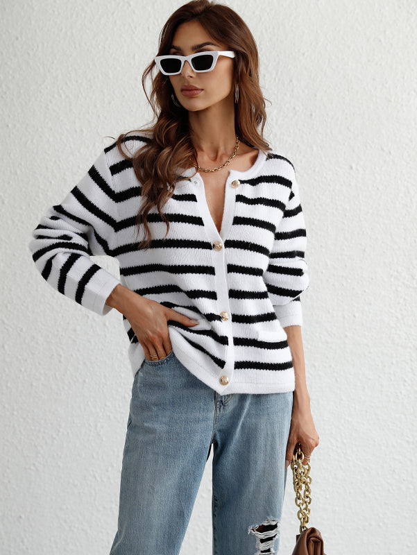 Women's Striped Loose Knit Single Breasted Cardigan Sweater