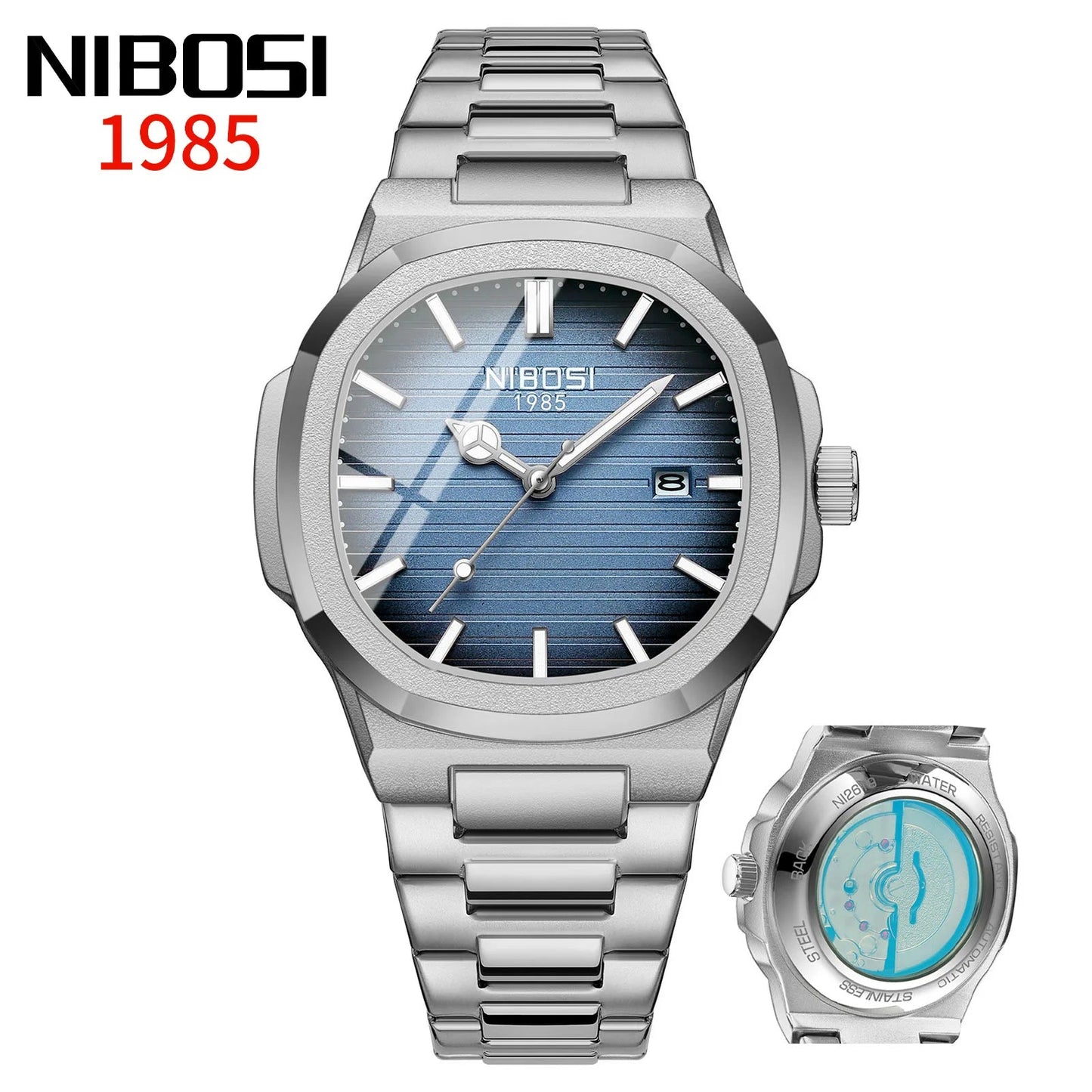 NIBOSI Automatic Luxury Brand Watch For Men Square Wristwatch Imitation Mechanical Luminous Hand Date Clock Steel Waterproof