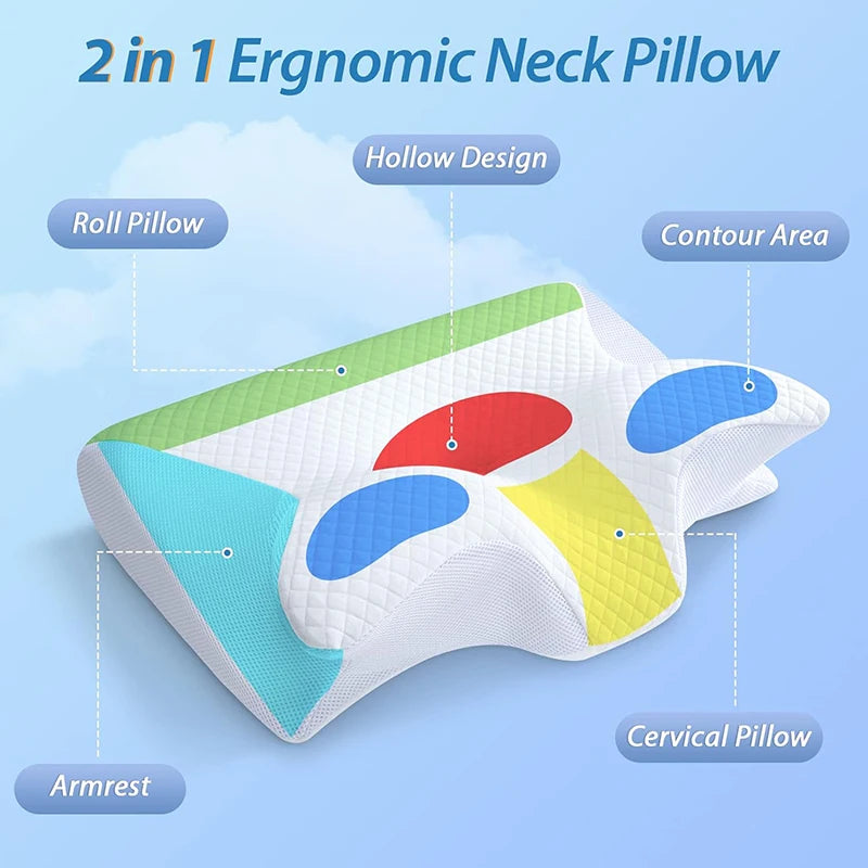 Kpc Memory Foam Cervical Pillow, 2 in 1 Ergonomic Contour Orthopedic Pillow for Neck Pain, Contoured Support Pillows, Neck Pillow