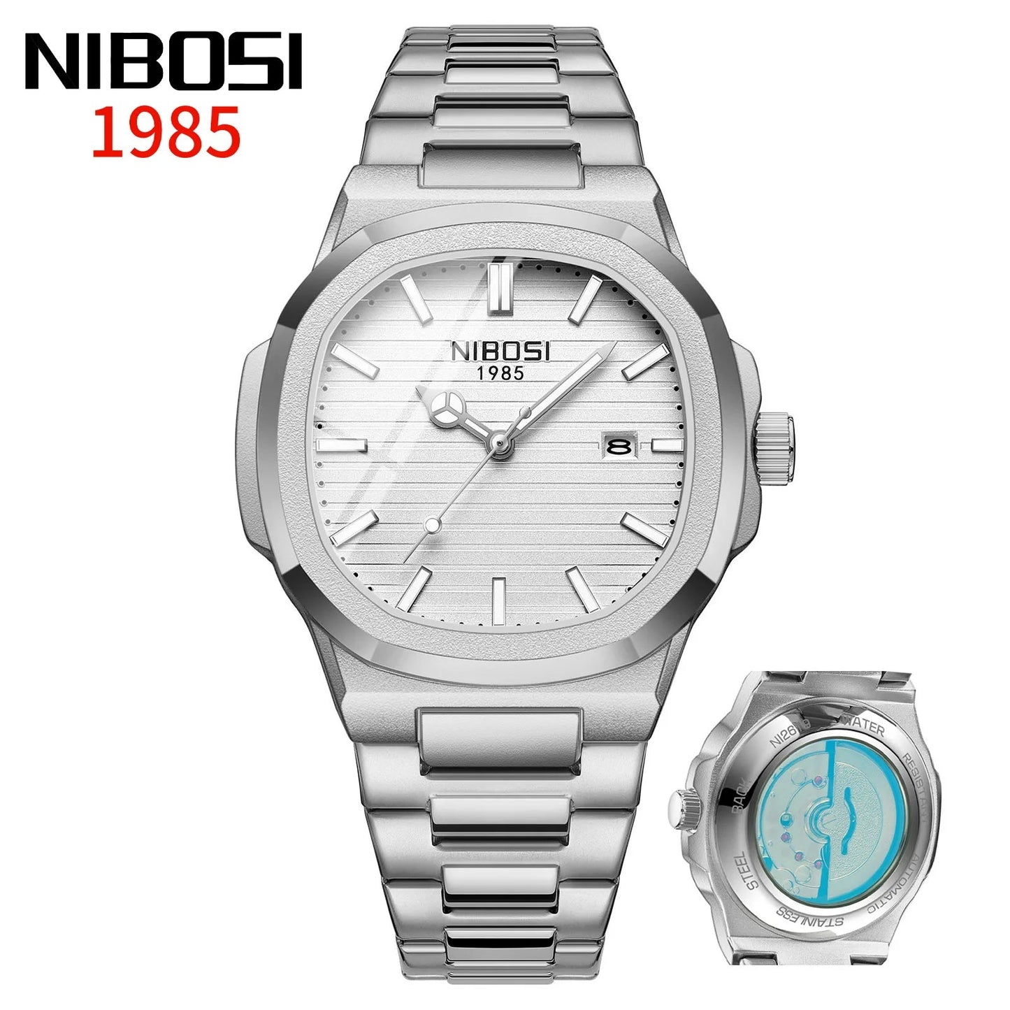 NIBOSI Automatic Luxury Brand Watch For Men Square Wristwatch Imitation Mechanical Luminous Hand Date Clock Steel Waterproof