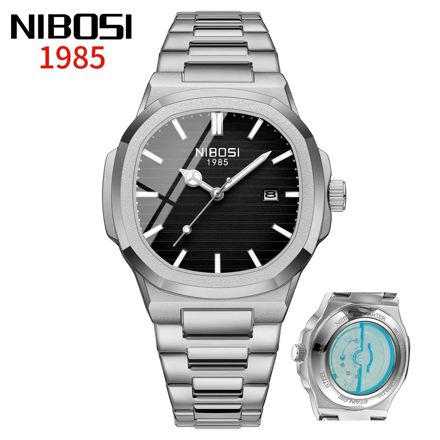 NIBOSI Automatic Luxury Brand Watch For Men Square Wristwatch Imitation Mechanical Luminous Hand Date Clock Steel Waterproof