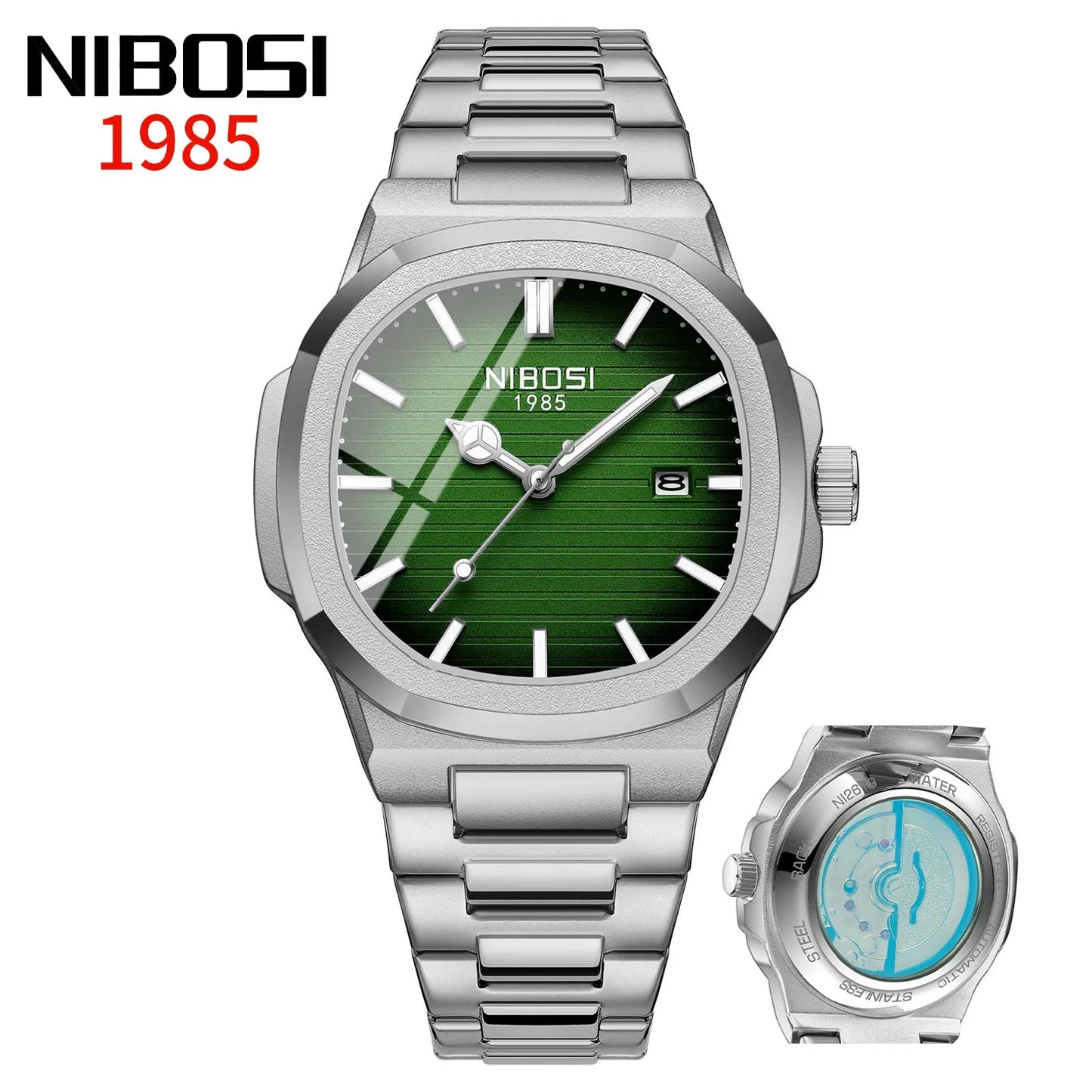 NIBOSI Automatic Luxury Brand Watch For Men Square Wristwatch Imitation Mechanical Luminous Hand Date Clock Steel Waterproof