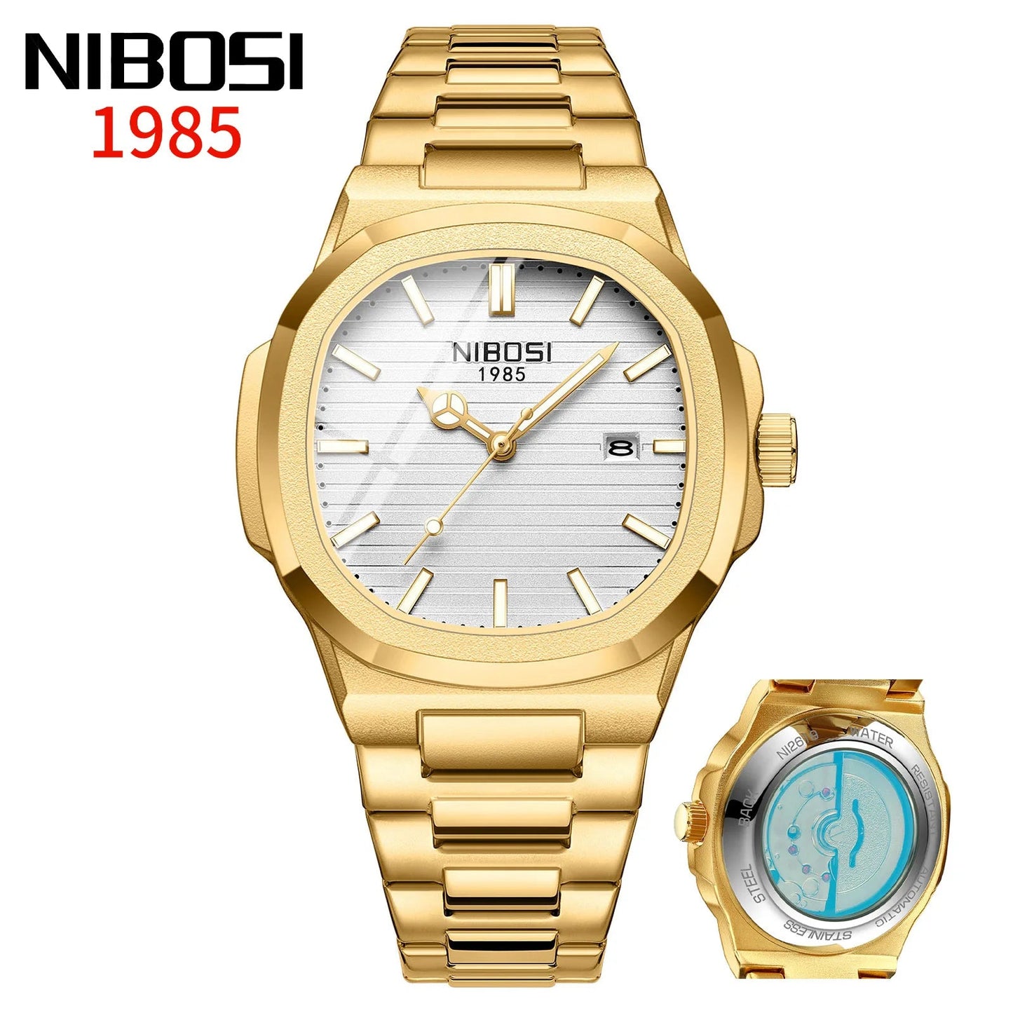 NIBOSI Automatic Luxury Brand Watch For Men Square Wristwatch Imitation Mechanical Luminous Hand Date Clock Steel Waterproof