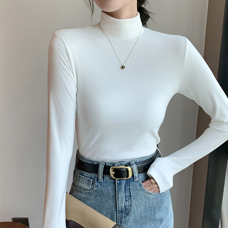 Half turtleneck double-sided German velvet bottoming shirt for women, spring and autumn style, style inner solid color velvet thickened warm long-sleeved top