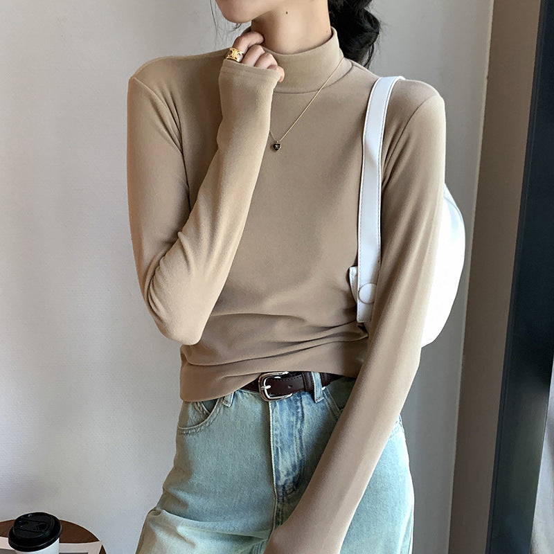 Half turtleneck double-sided German velvet bottoming shirt for women, spring and autumn style, style inner solid color velvet thickened warm long-sleeved top