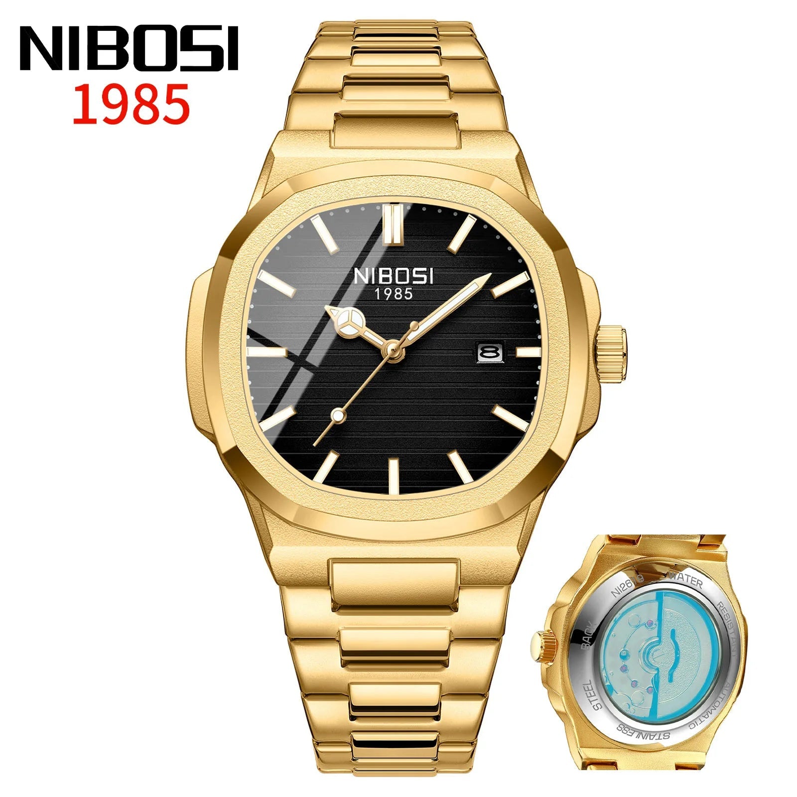 NIBOSI Automatic Luxury Brand Watch For Men Square Wristwatch Imitation Mechanical Luminous Hand Date Clock Steel Waterproof