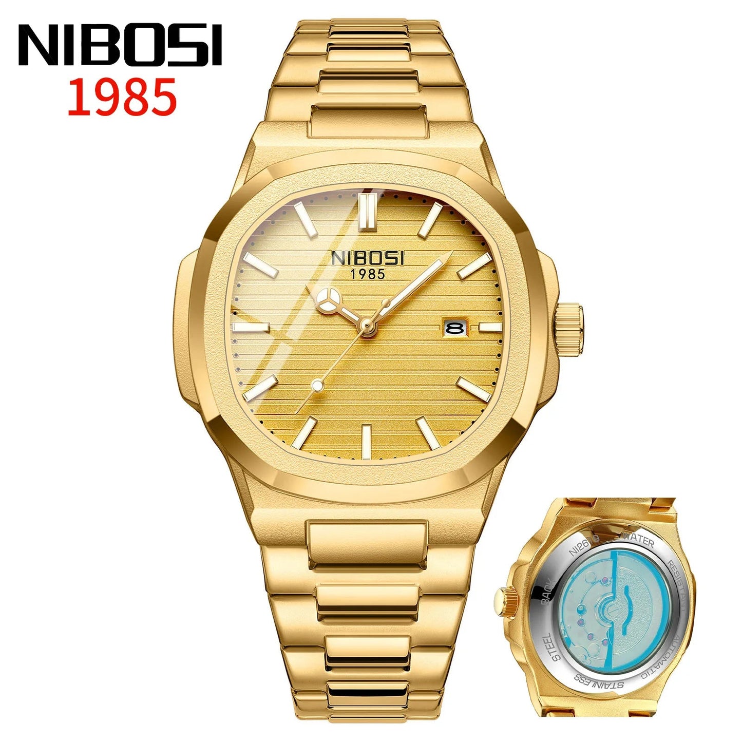 NIBOSI Automatic Luxury Brand Watch For Men Square Wristwatch Imitation Mechanical Luminous Hand Date Clock Steel Waterproof