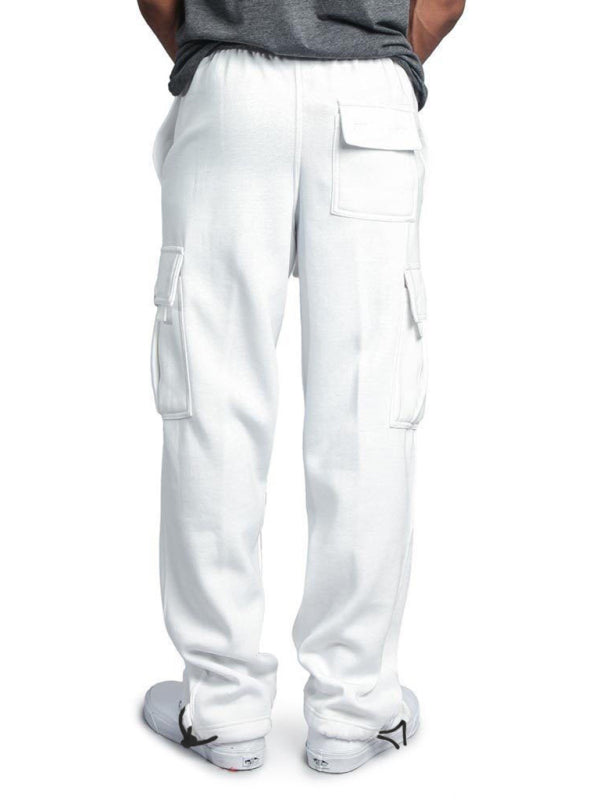 Men's Solid color elastic waist multi-pocket loose fit cargo pants