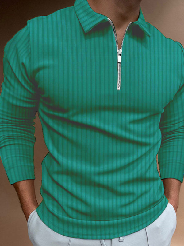 Men's solid color zipper striped long-sleeved POLO shirt