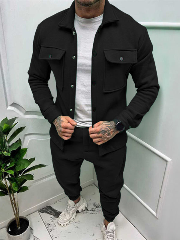 Men's new long-sleeved trousers single-breasted jacket solid color slim two-piece set