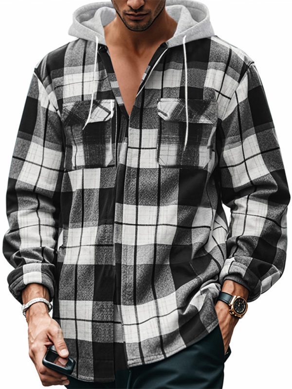 Loose Casual Flannel Jacquard Long Sleeve Hooded Plaid Shirt