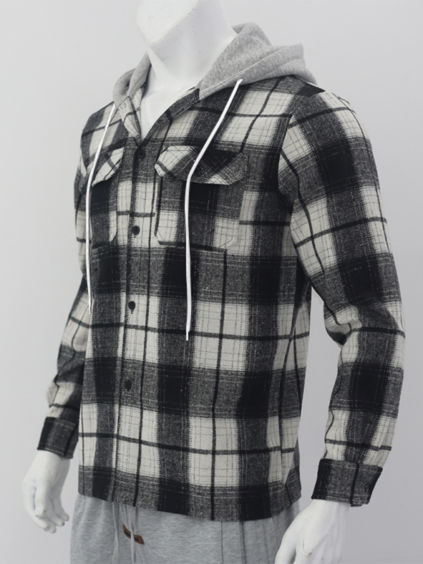 Loose Casual Flannel Jacquard Long Sleeve Hooded Plaid Shirt