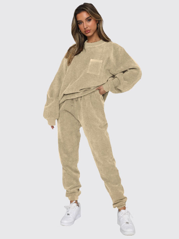 Women's New Corduroy Solid Color Round Neck Pullover Long Sleeve Pants Two-piece Set